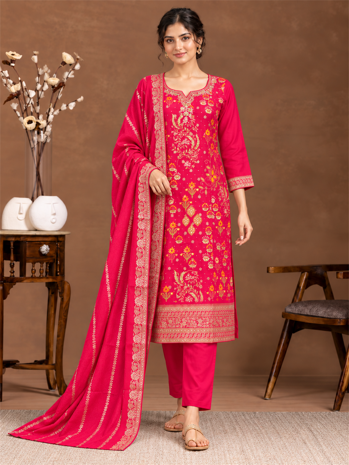 Rani Pink Floral Silk Blend Suit Set with Dupatta