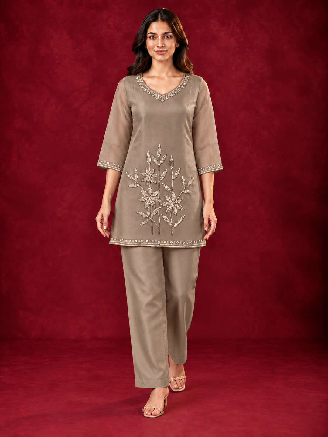 Taupe Brown Mul Chanderi Floral Embroidered Straight Kurta Set