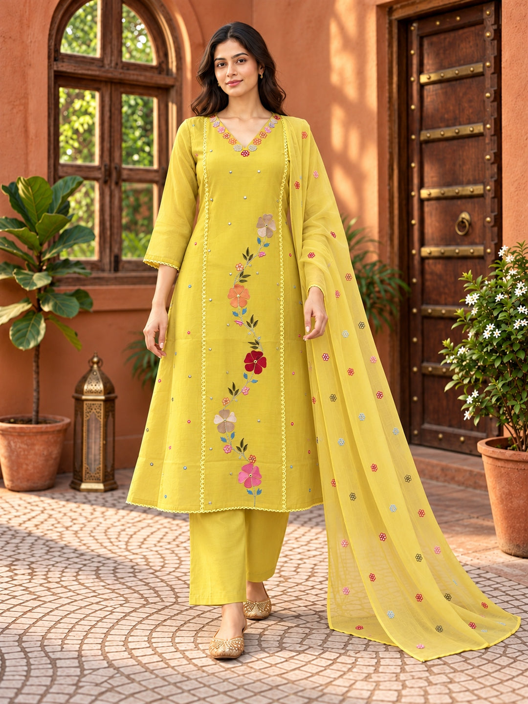 Yellow Floral Embroidered Mul Chanderi Suit Set