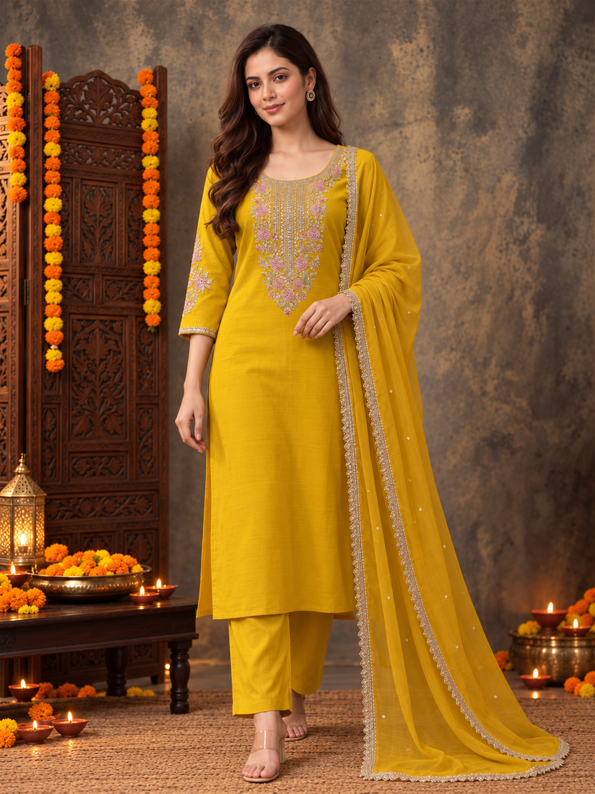 Mustard Silk Blend Floral Embroidered Kurta Trouser Set with Dupatta & Inner