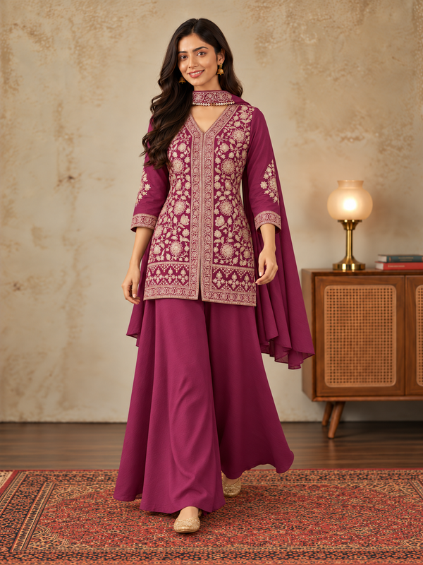 Wine Pure Silk Embroidered Kurta Sharara Set with Dupatta