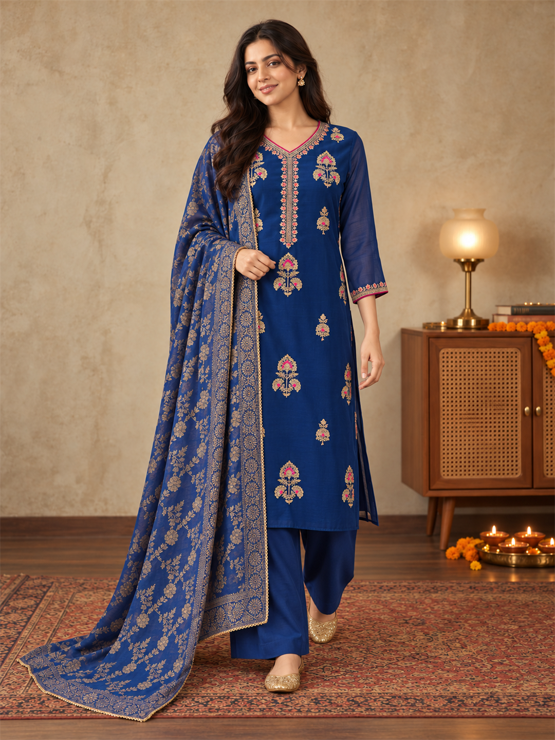 Royal Blue Silk Blend Floral Embroidered Kurta Trouser Set with Dupatta & Inner