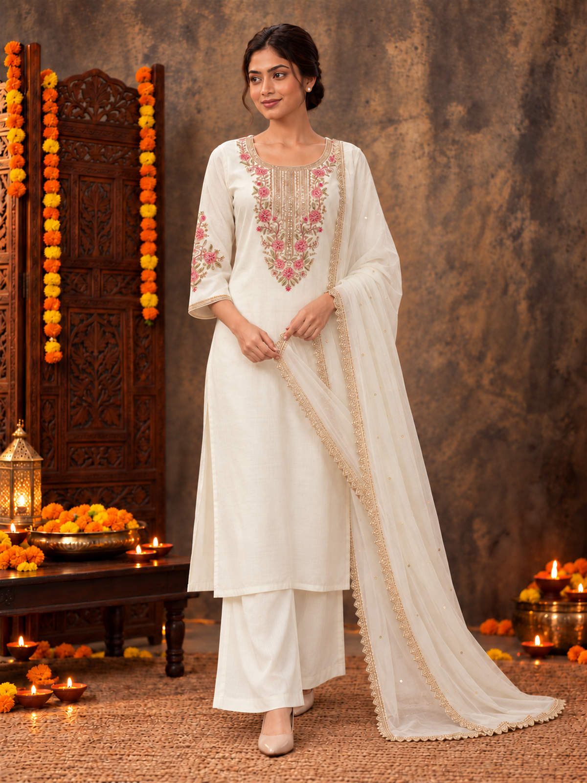 Ivory White Silk Blend Floral Embroidered Kurta Trouser Set with Dupatta & Inner