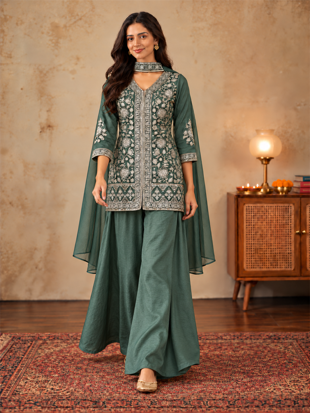 Olive Green Pure Silk Embroidered Kurta Sharara Set with Cape Dupatta