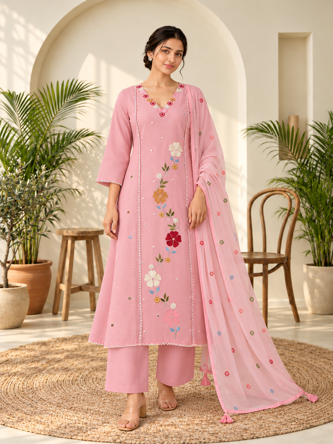 Pink Floral Embroidered Mul Chanderi Straight Kurta Trouser Set with Dupatta