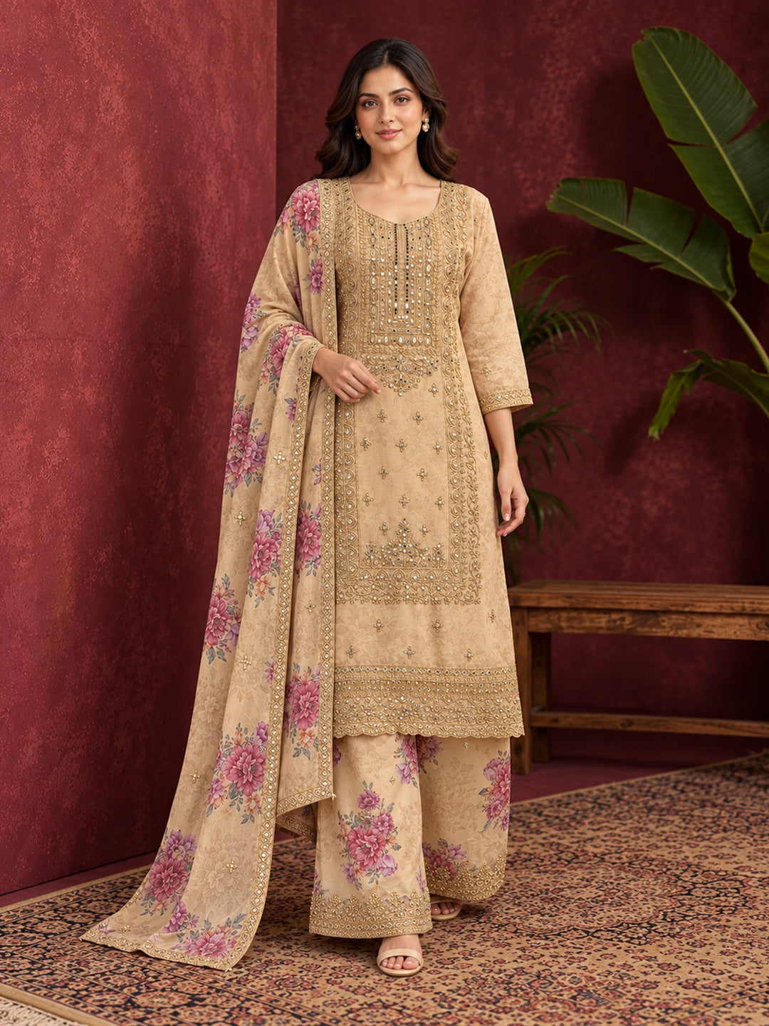 Beige Floral Embroidered Pure Silk Palazzo Suit Set