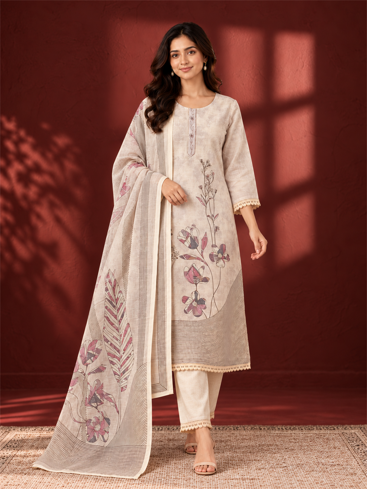Ivory Cream Floral Printed Mul Chanderi Kurta Set with Dupatta