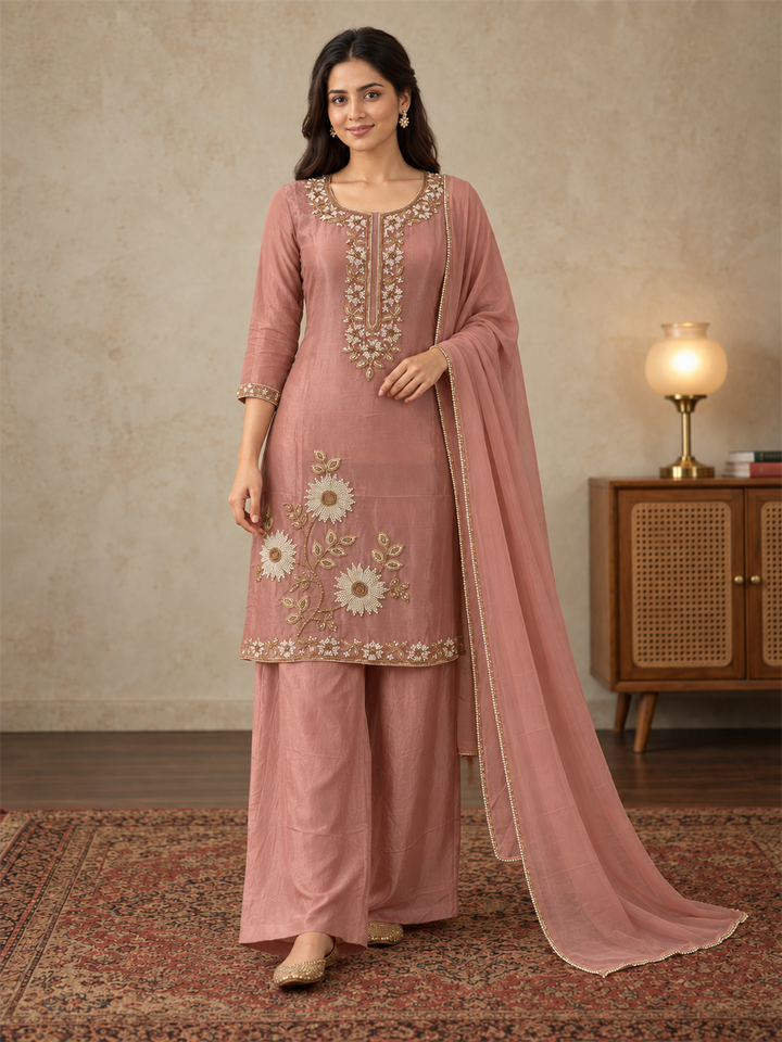 Dusty Rose Embroidered Chinon Palazzo Suit Set