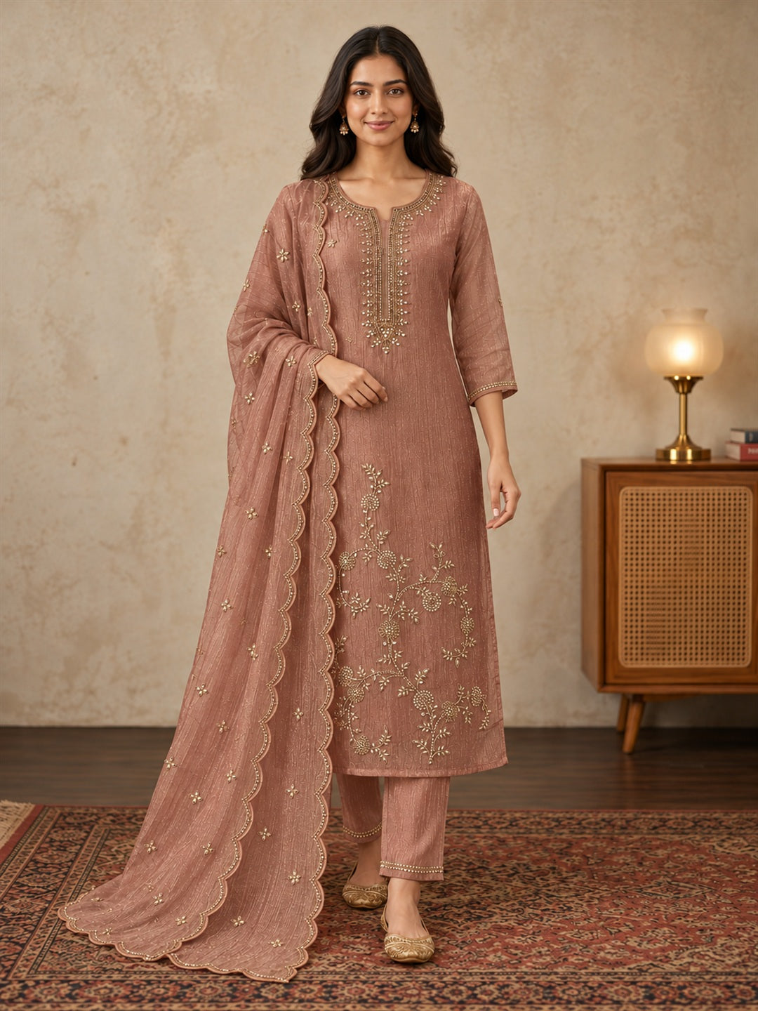 Dusty Rose Floral Embroidered Poly Silk Suit Set