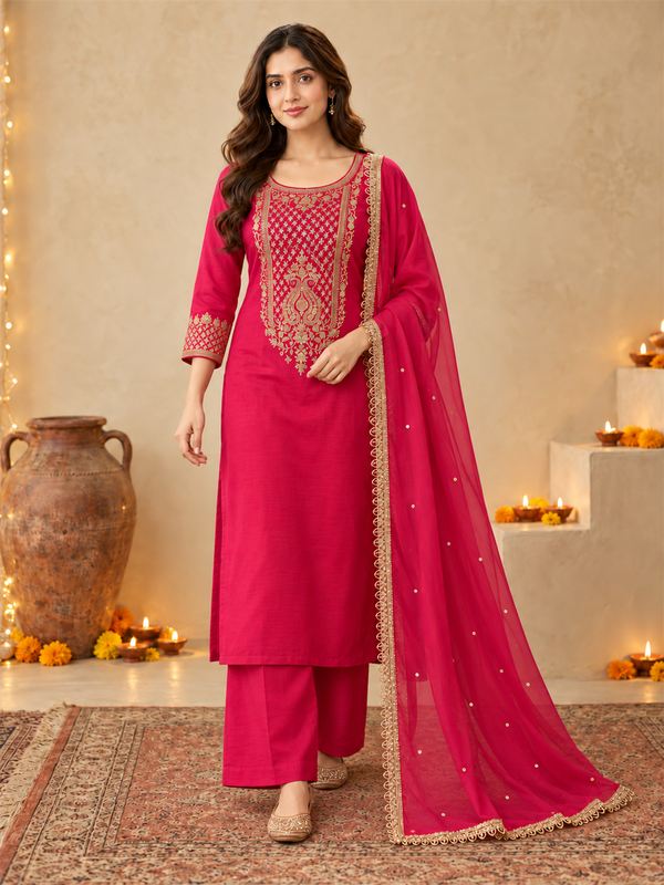 Rani Pink Silk Blend Golden Embroidered Kurta Trouser Set with Dupatta & Inner