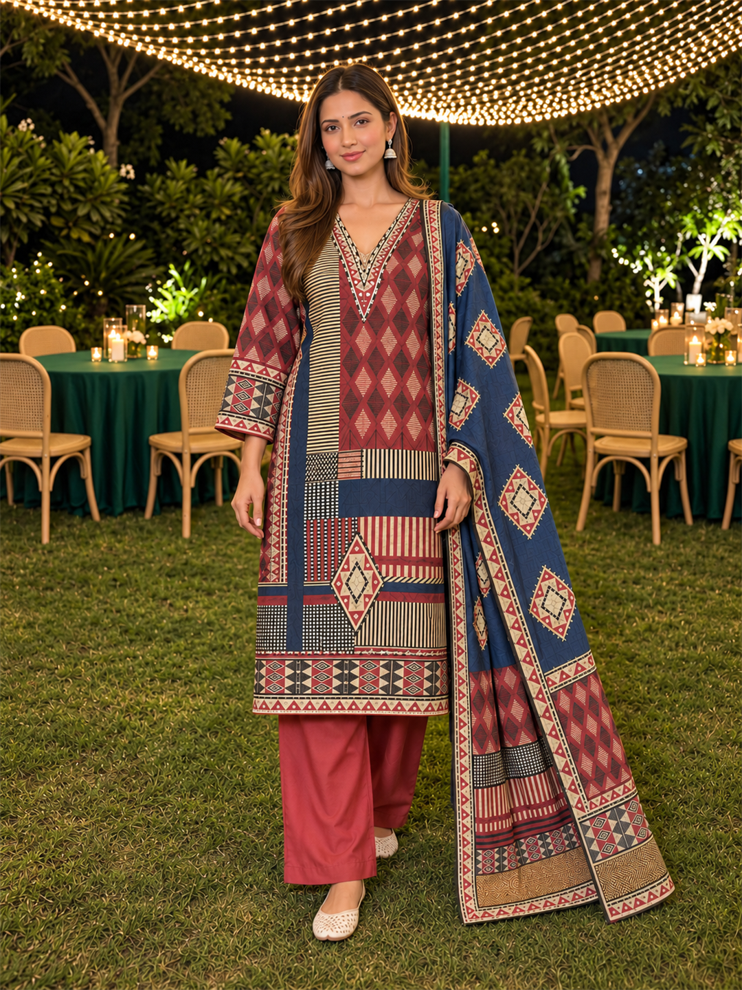 Red & Navy Blue Geometric Printed Silk Blend Straight Kurta Trouser Set with Dupatta