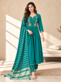 Teal Chanderi Silk Embroidered Anarkali Suit with Striped Dupatta