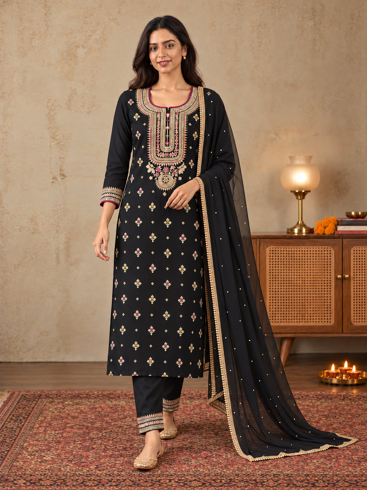 Black Embroidered Silk Blend Straight Suit Set