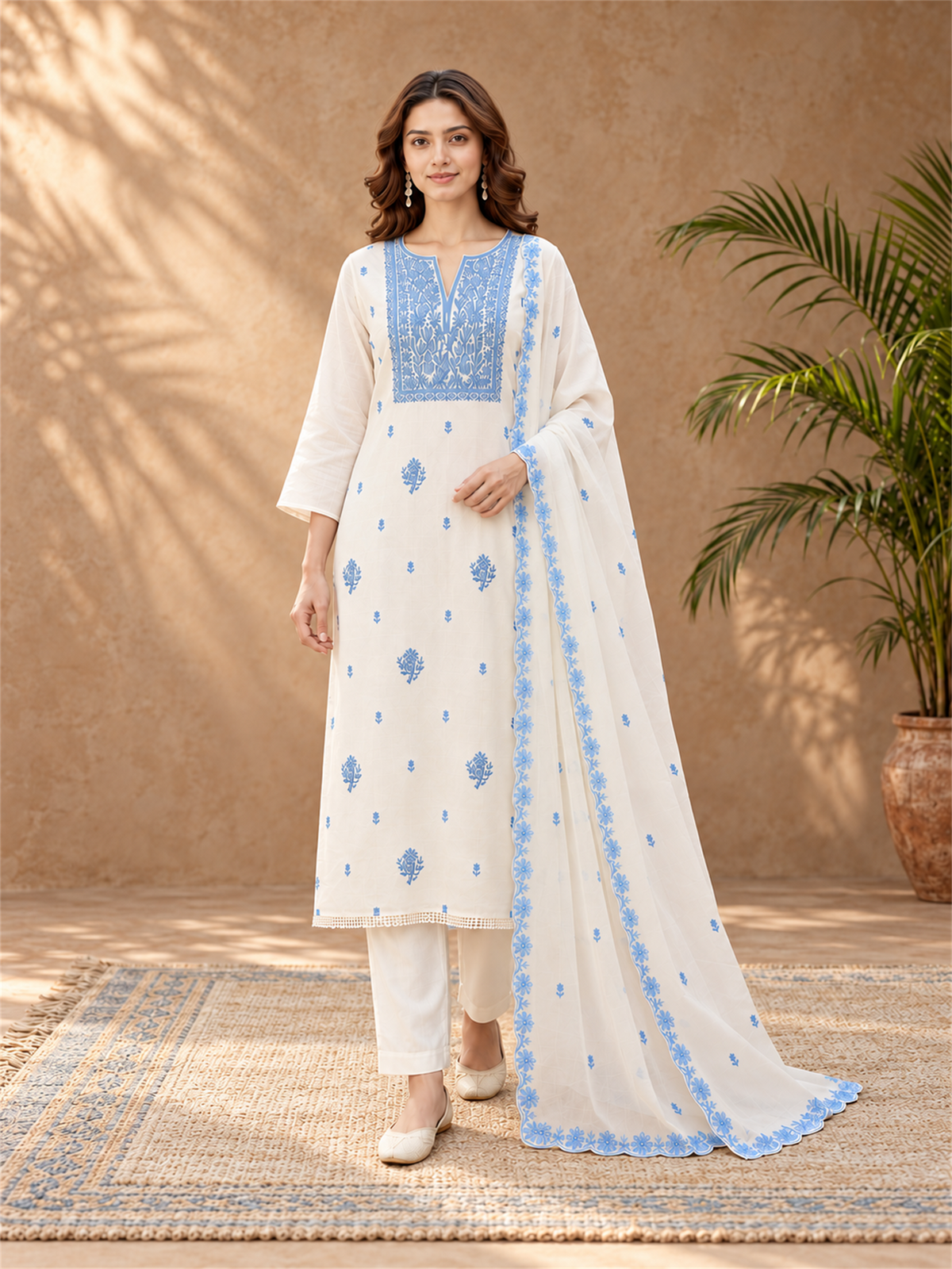 Ivory White & Sky Blue Embroidered Mul Chanderi Kurta Set with Dupatta