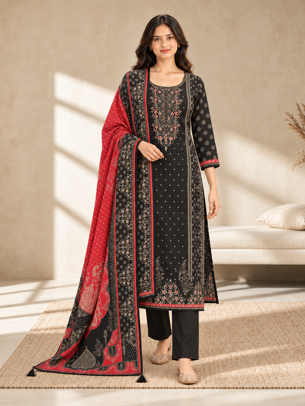Black Silk Blend Printed Kurta Pant Set with Red Dupatta
