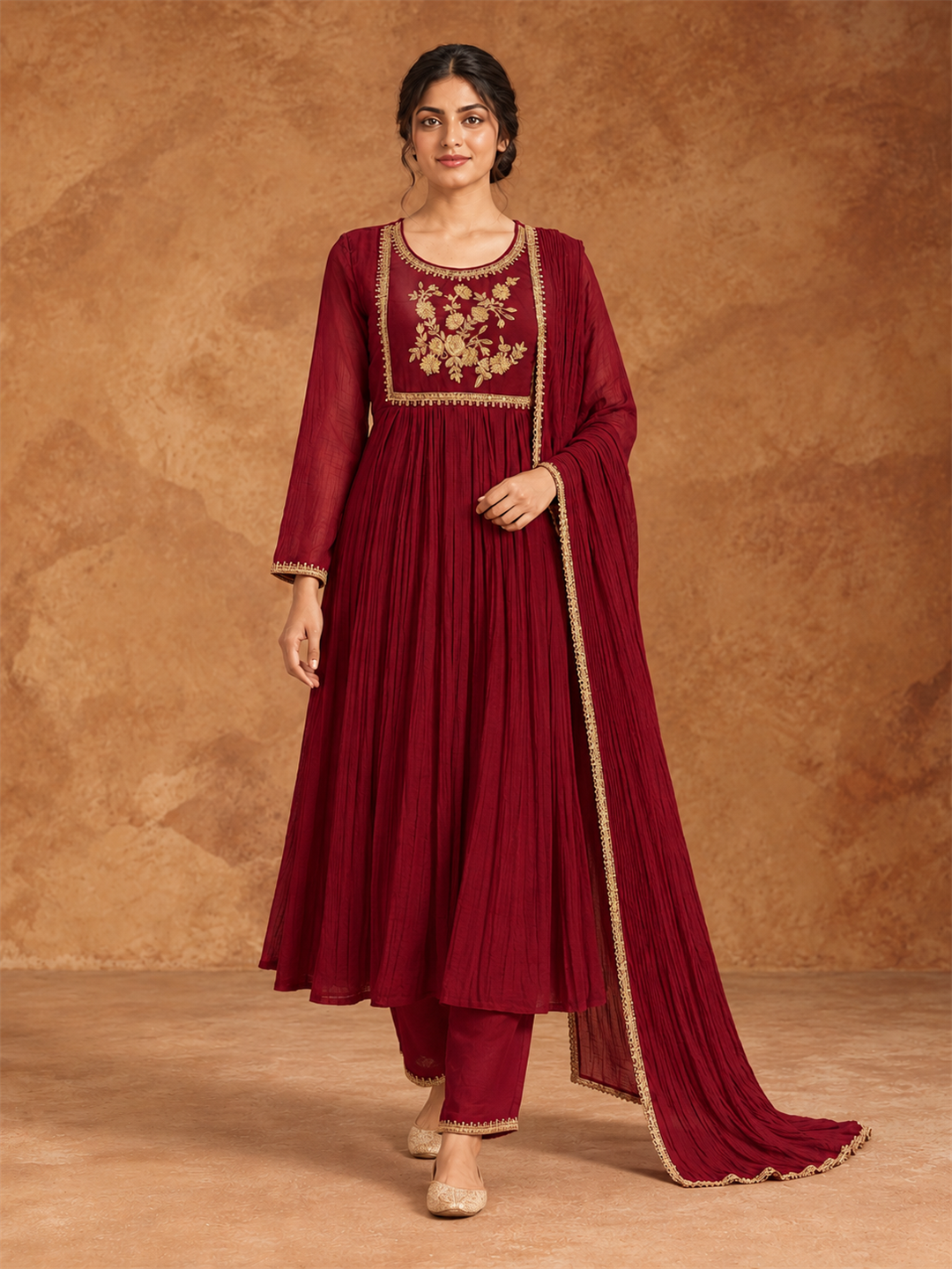 Maroon Embroidered Chanderi Silk Anarkali Suit Set with Dupatta