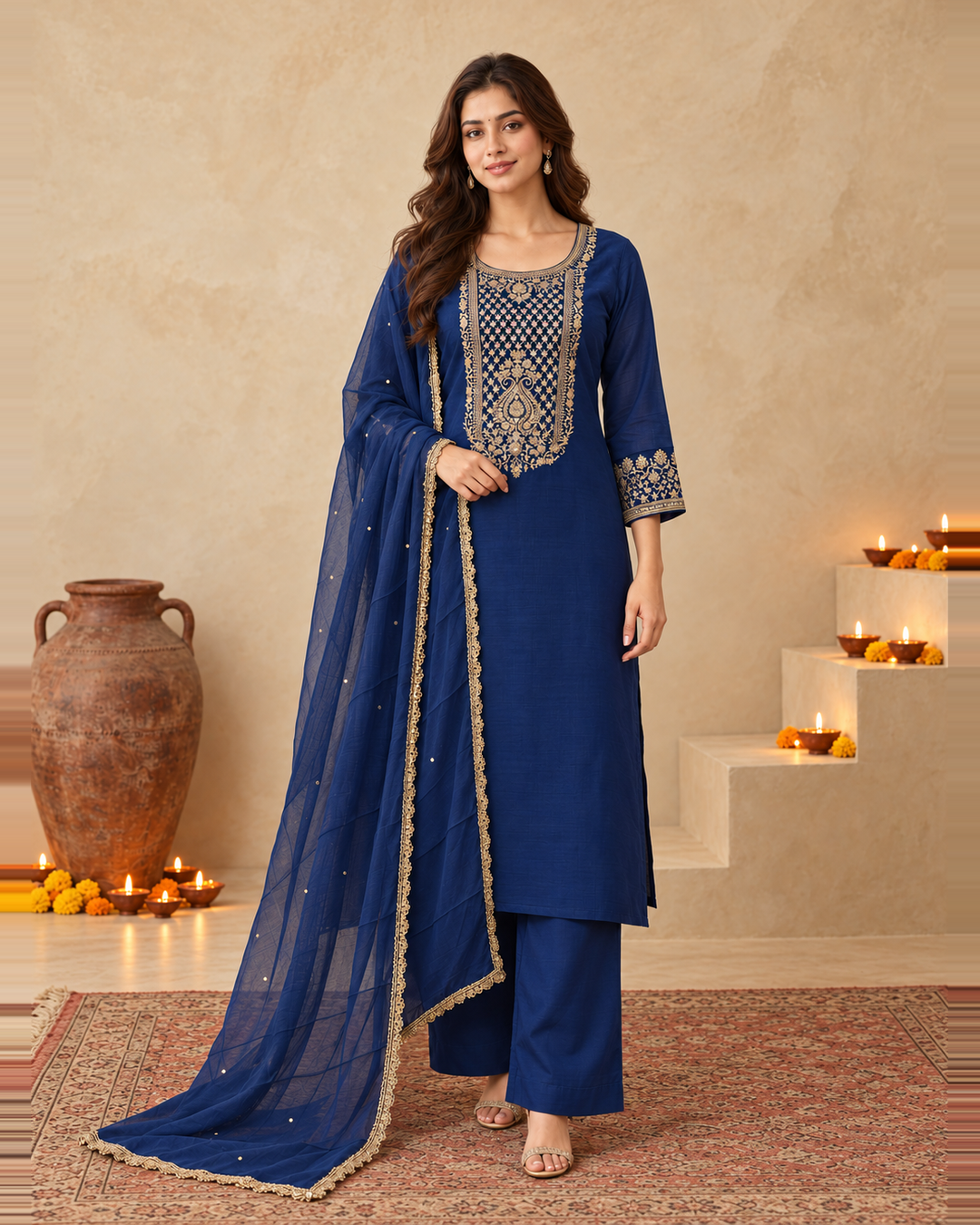 Royal Blue Silk Blend Golden Embroidered Kurta Trouser Set with Dupatta & Inner