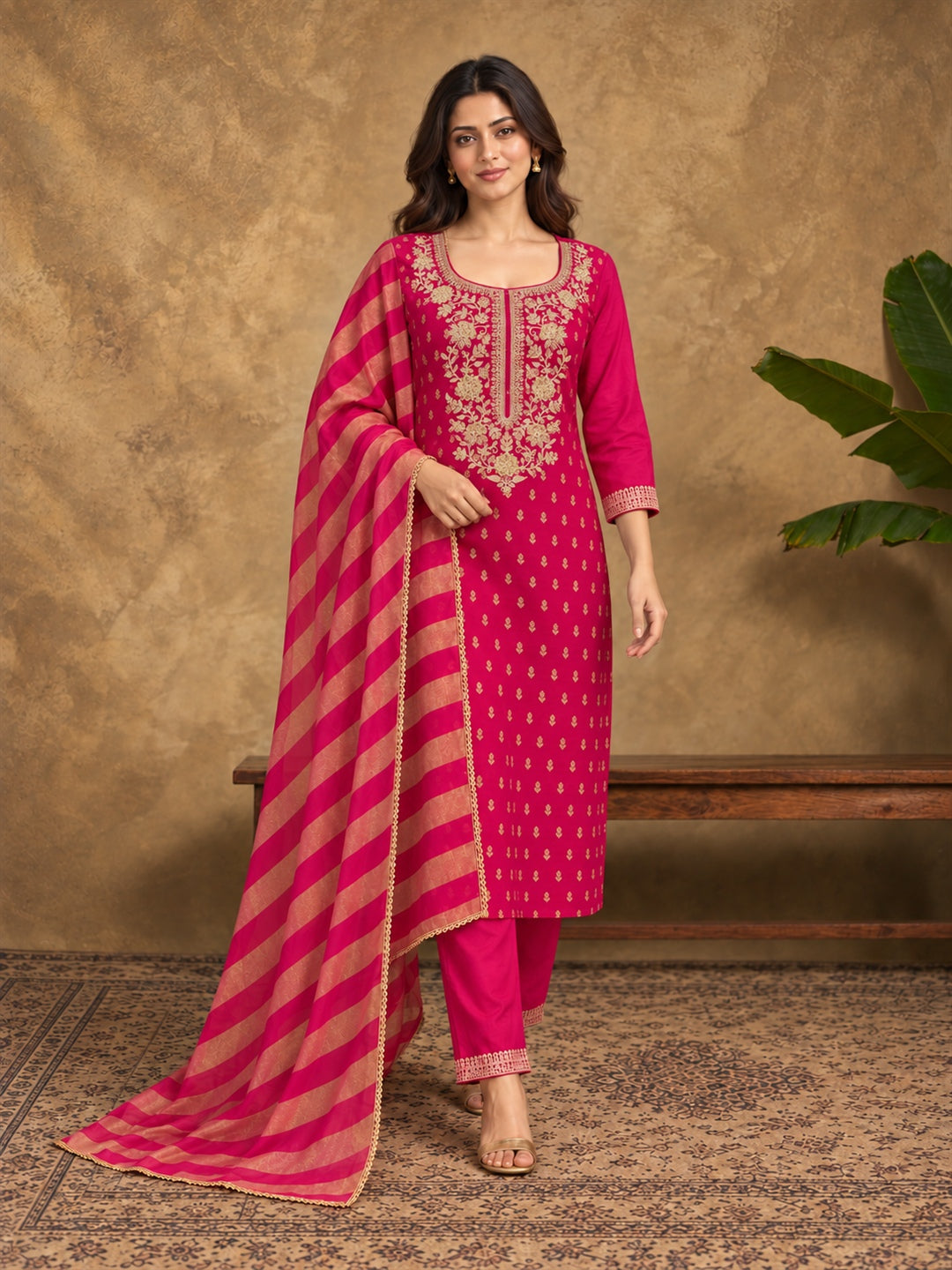 Pink Jacquard Kurta Set with Striped Dupatta