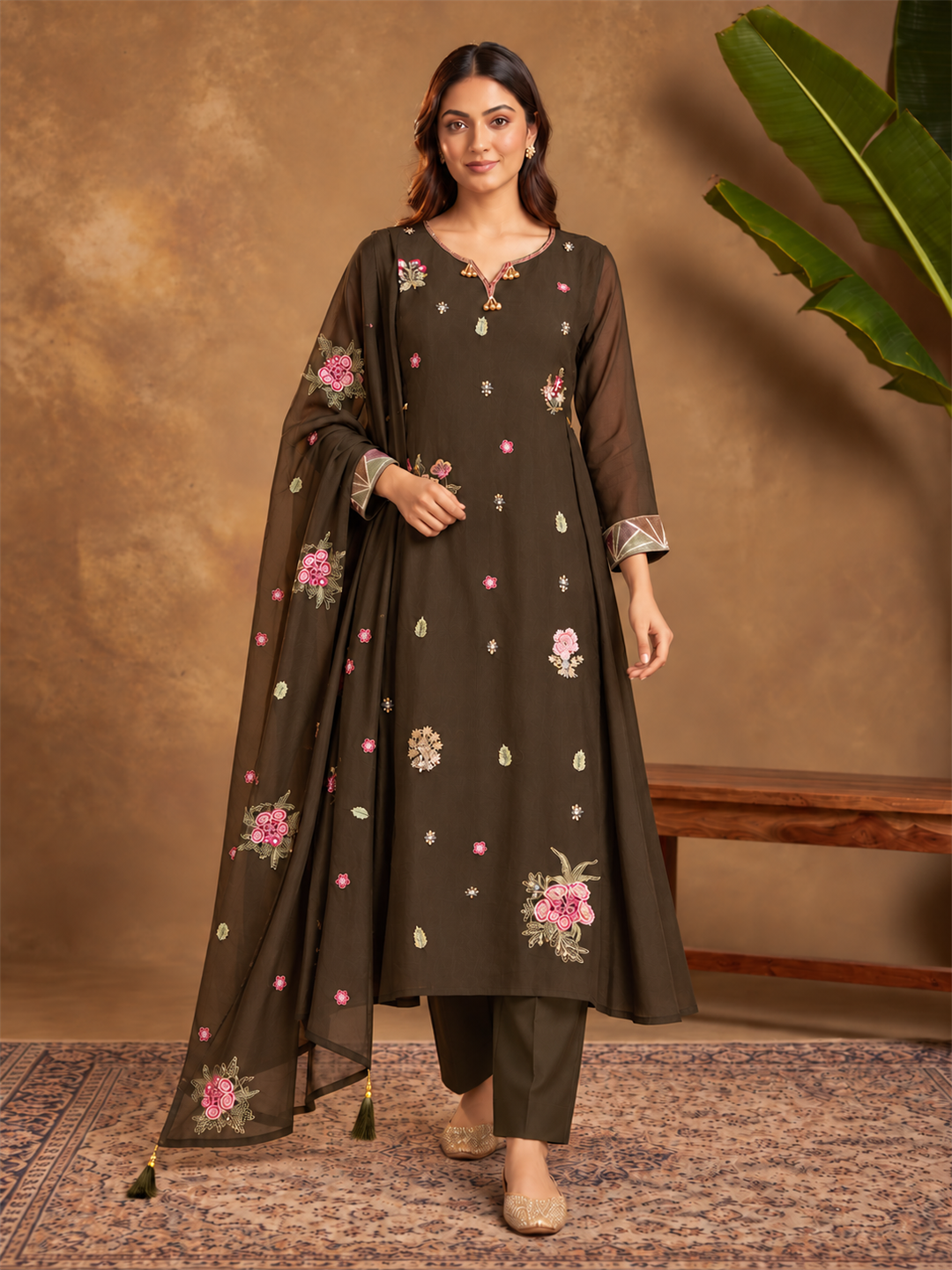 Dark Brown Floral Embroidered Viscose Rayon Suit Set