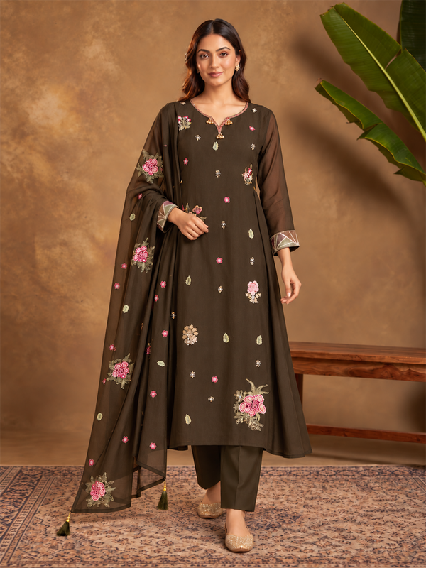 Dark Brown Floral Embroidered Viscose Rayon Suit Set