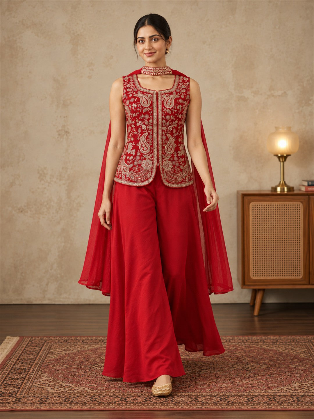 Red Embroidered Silk Sharara Set with Cape Dupatta