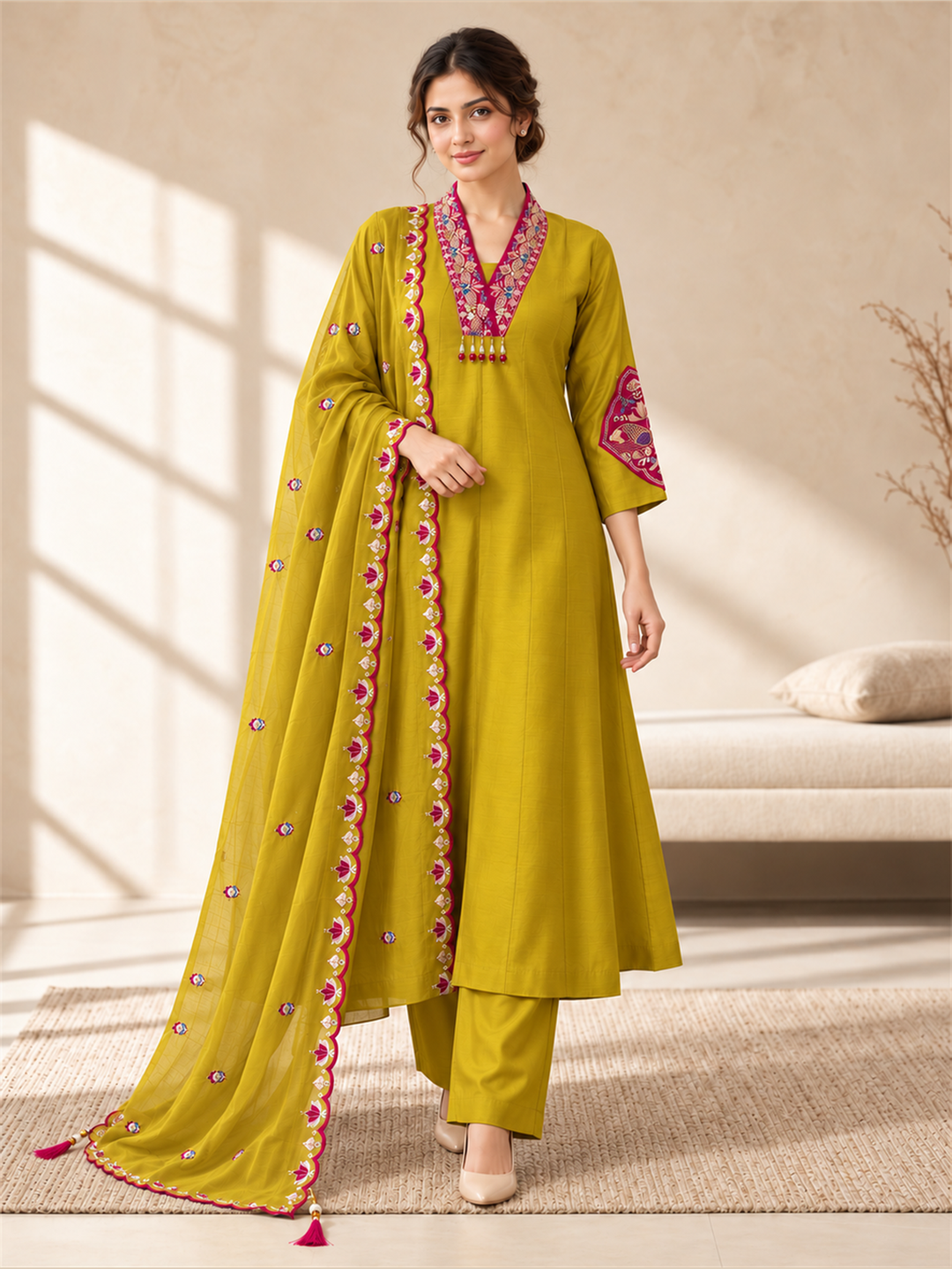 Mustard Chanderi Silk Embroidered Anarkali Suit Set with Dupatta
