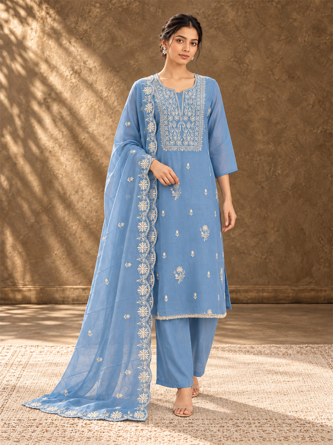 Powder Blue Embroidered Mul Chanderi Kurta Palazzo Set with Dupatta