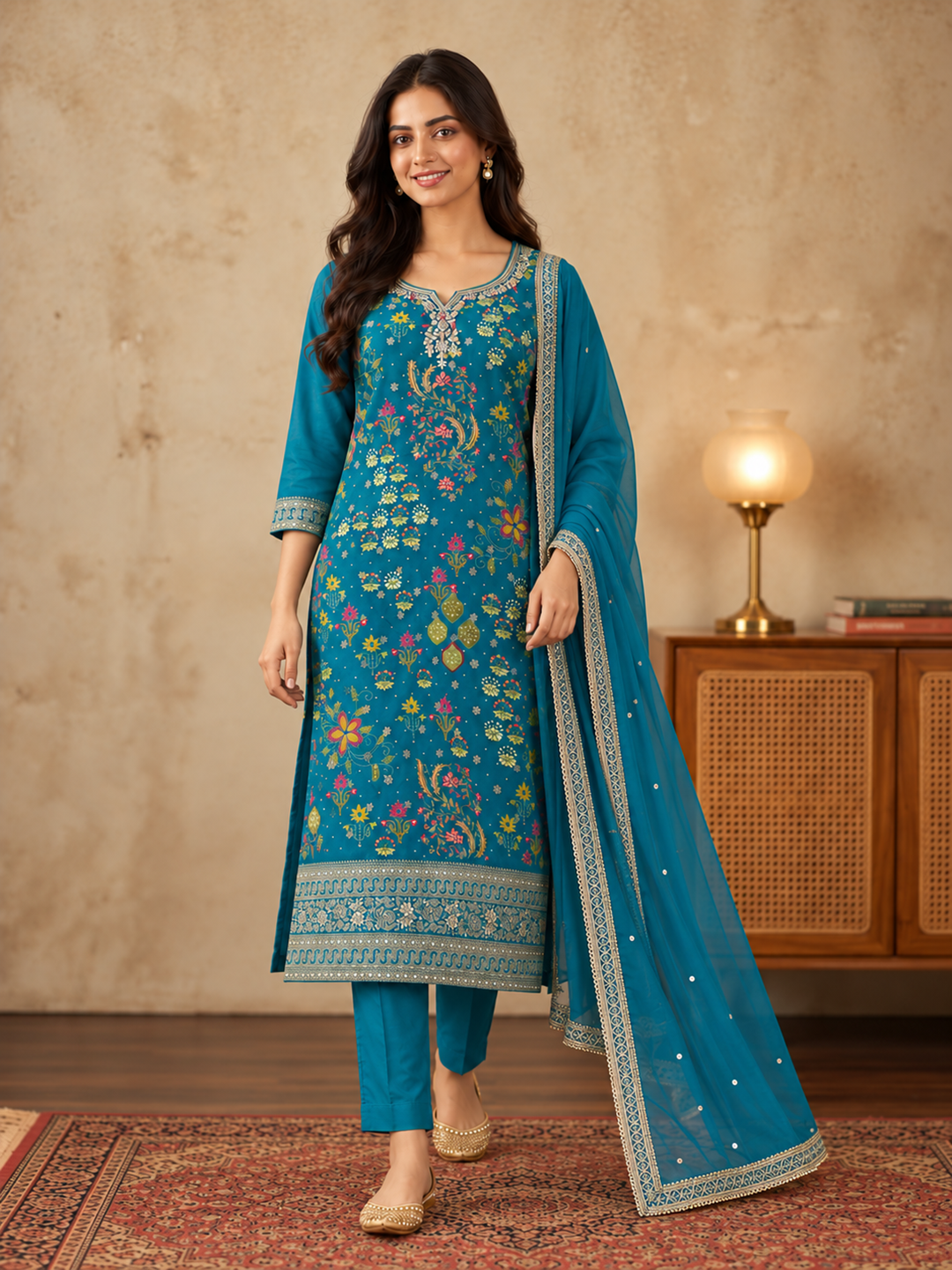 Teal Blue Embroidered Silk Blend Kurta Set with Dupatta
