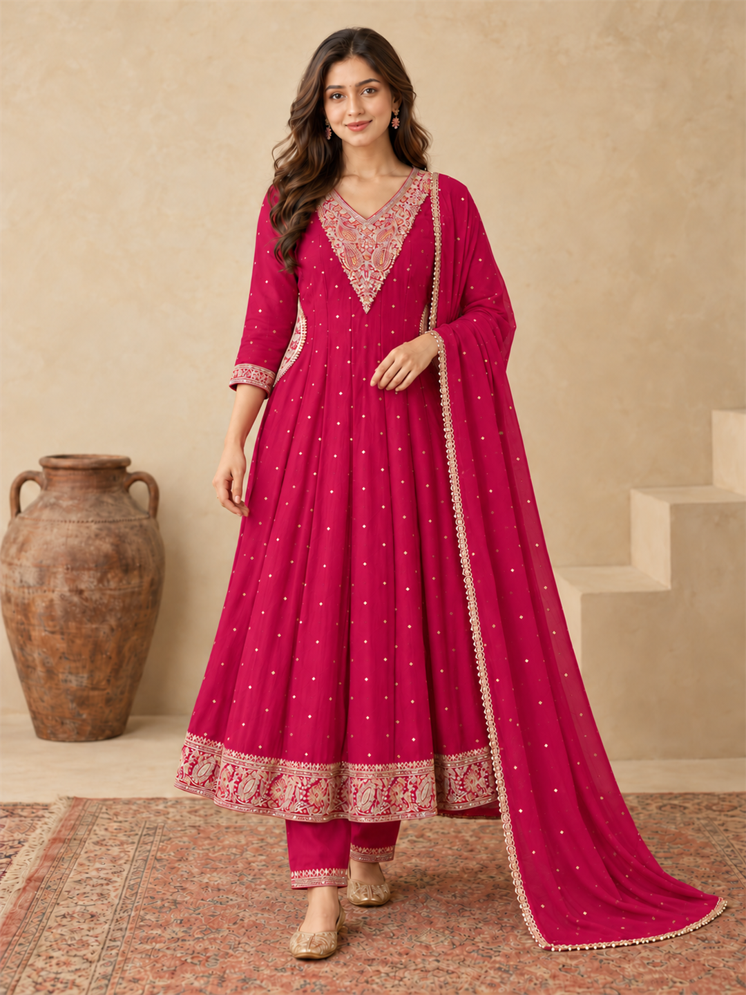 Rani Pink Chanderi Silk Golden Embroidered Anarkali Kurta Pant Set with Dupatta