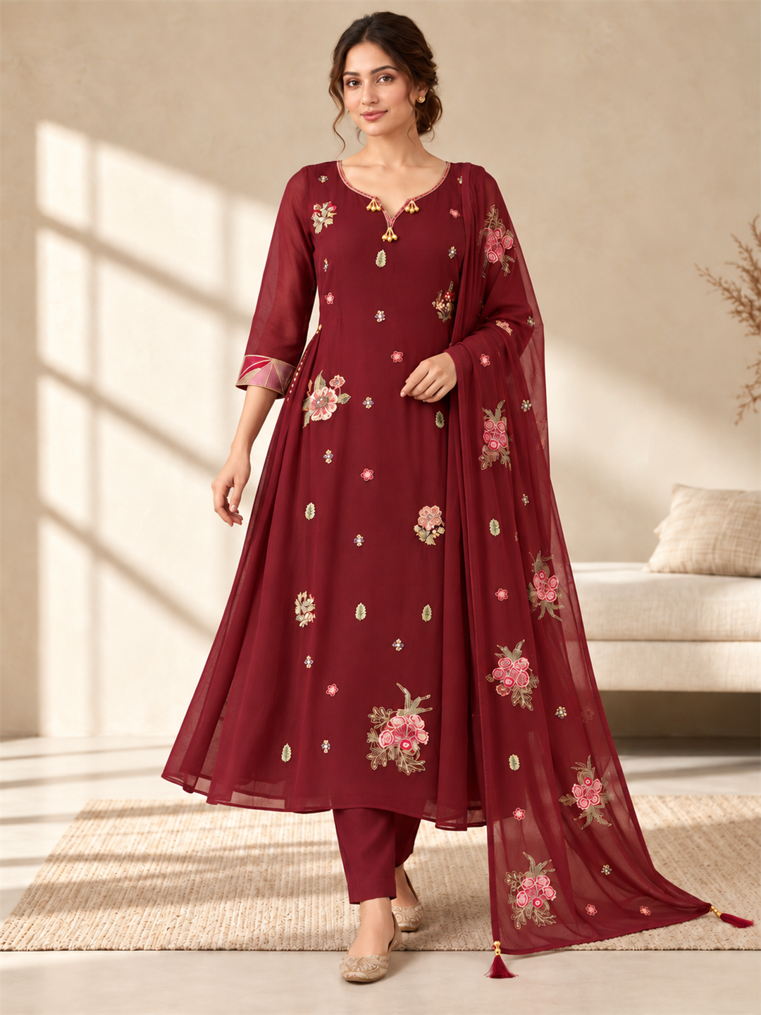 Maroon Floral Embroidered Viscose Rayon Suit Set