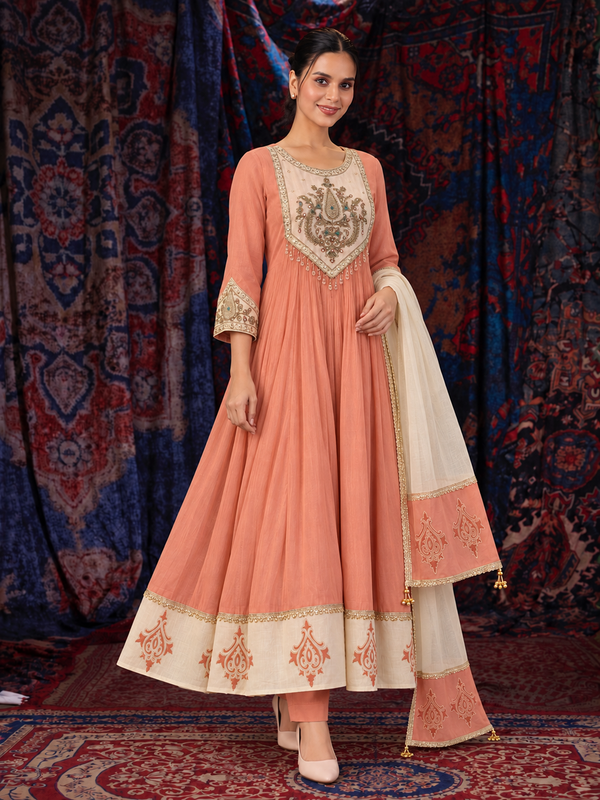 Peach Mul Chanderi Anarkali Suit Set with Embroidered Neckline and Dupatta