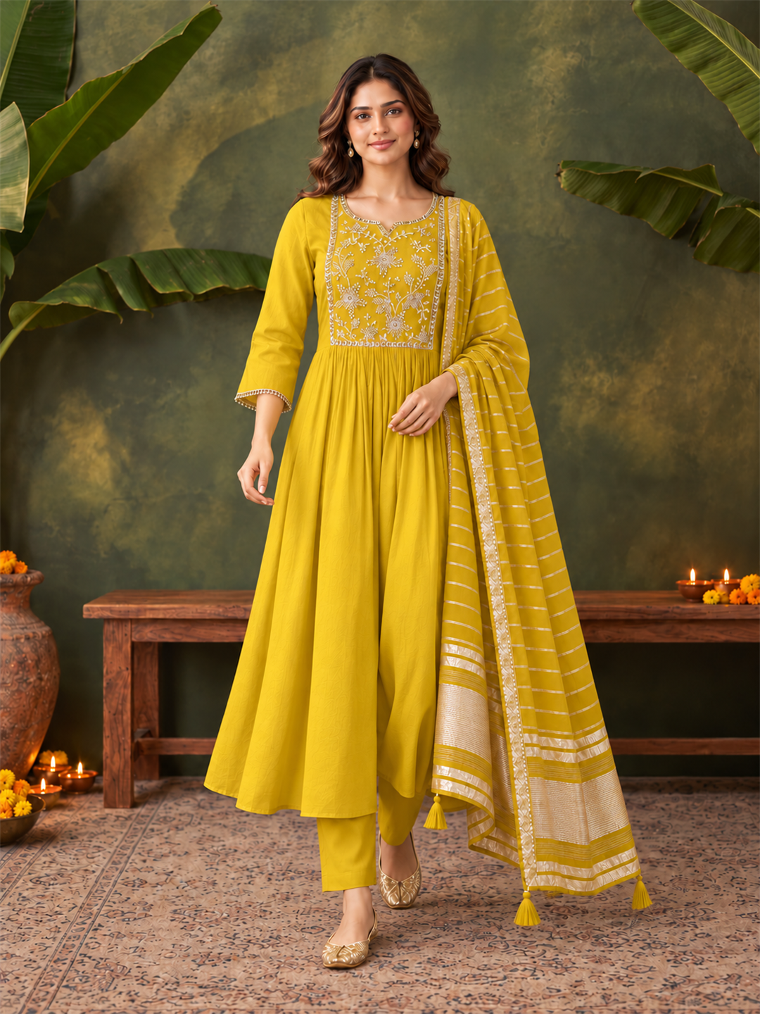 Mustard Chanderi Silk Anarkali Suit Set with Embroidered Dupatta