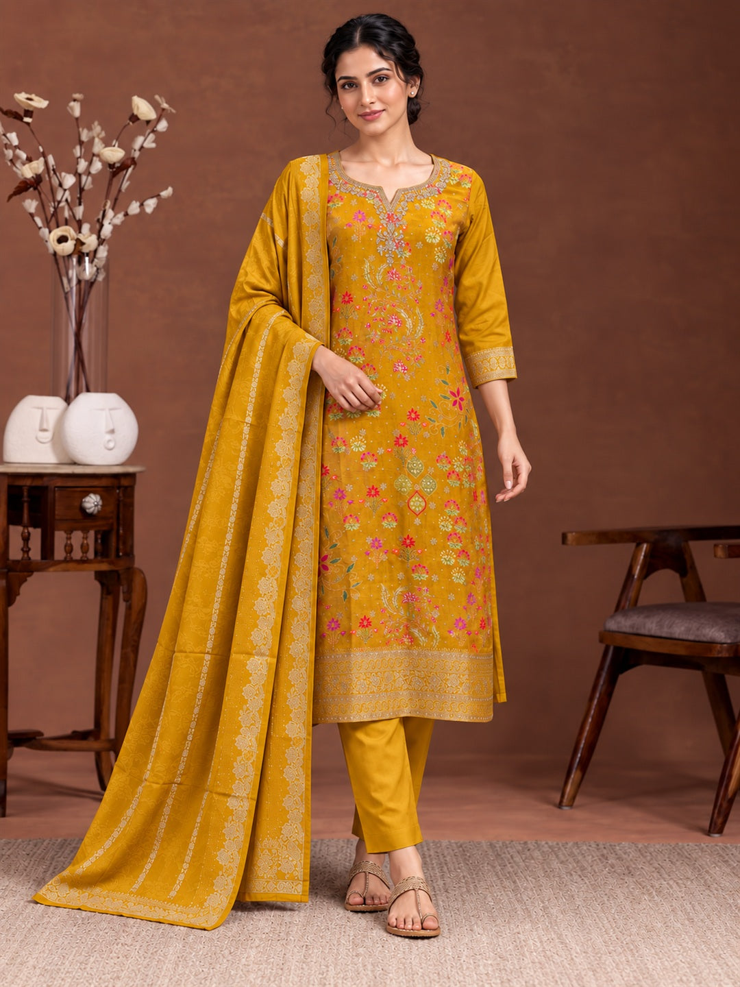 Mustard Floral Silk Blend Suit Set with Dupatta