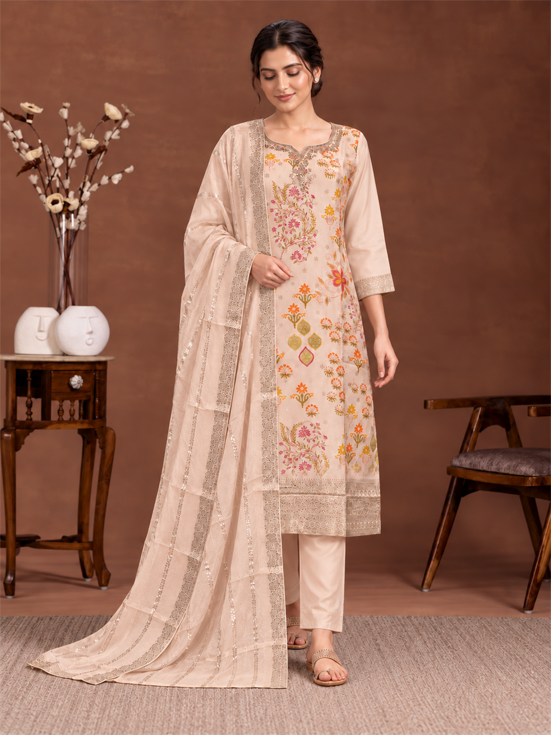 Peach Beige Floral Silk Blend Suit Set with Dupatta