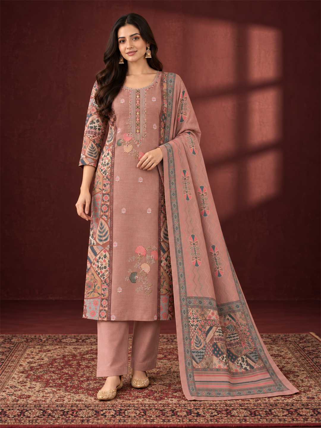 Dusty Rose Pink Floral Embroidered Mul Chanderi Straight Kurta Trouser Set with Printed Dupatta