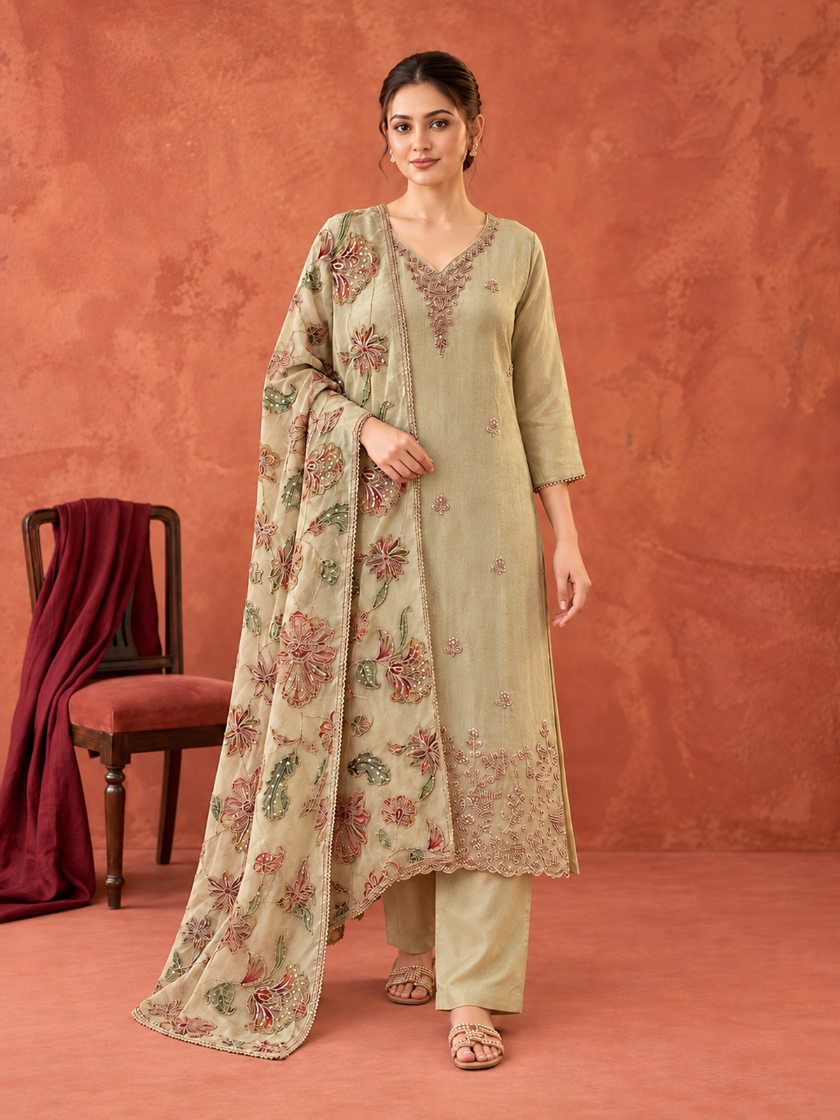 Light Olive Gold Embroidered Pure Silk Suit Set