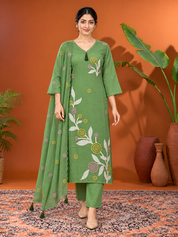 Sage Green Floral Embroidered Mul Chanderi Kurta Set with Dupatta