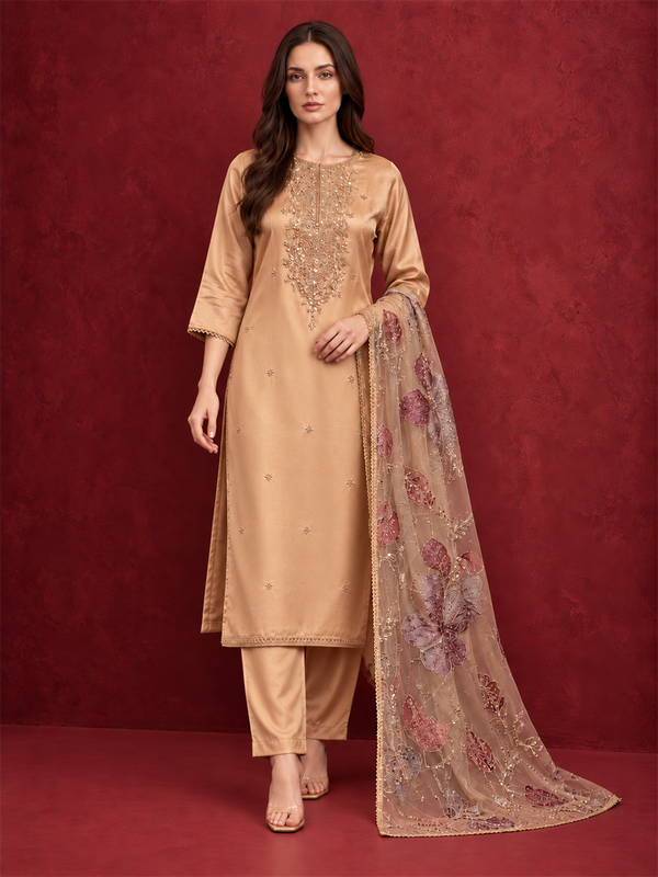 Champagne Gold Embroidered Pure Silk Suit Set