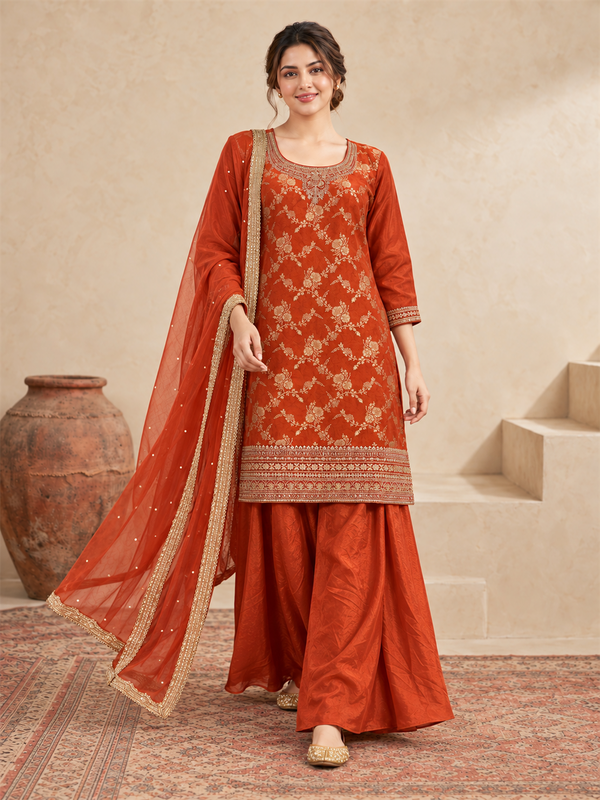 Rust Embroidered Silk Blend Sharara Suit with Dupatta