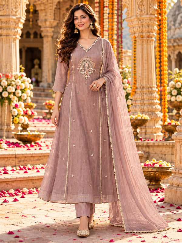 Dusty Mauve Embroidered Poly Silk Anarkali Suit Set with Dupatta