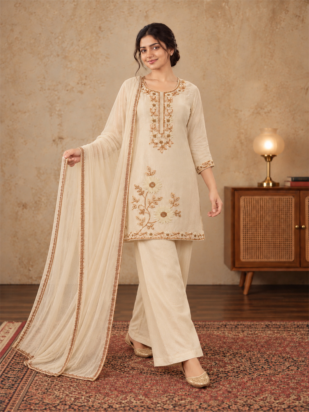 Ivory Gold Embroidered Chinon Palazzo Suit Set