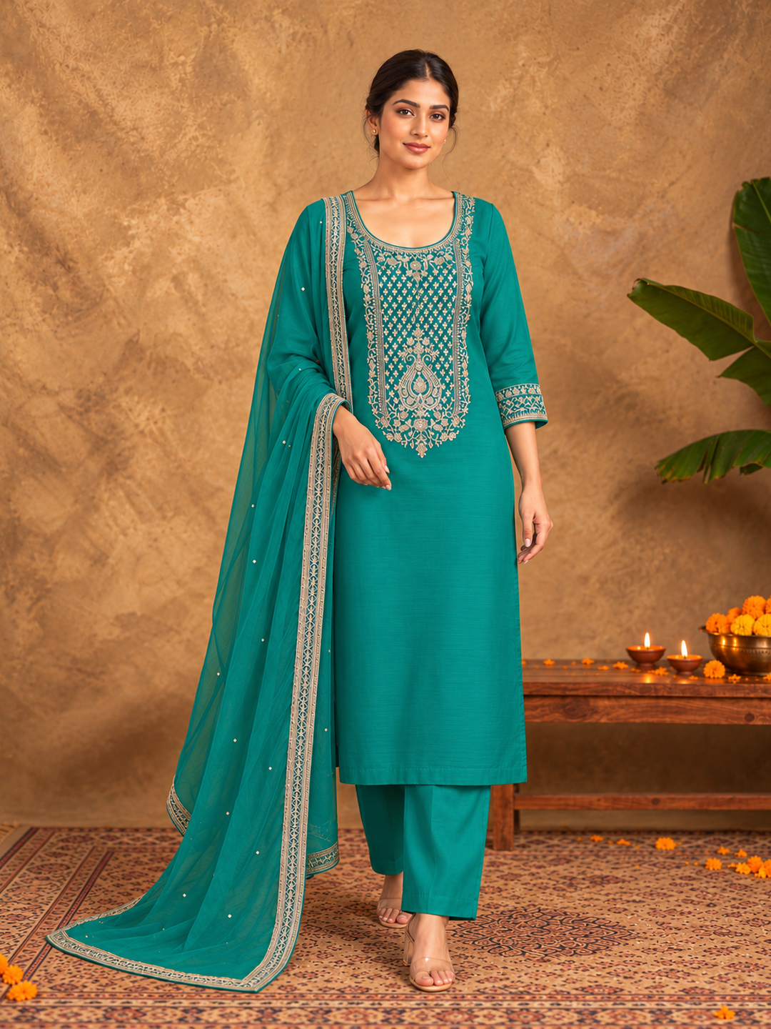 Teal Blue Embroidered Silk Blend Straight Suit Set