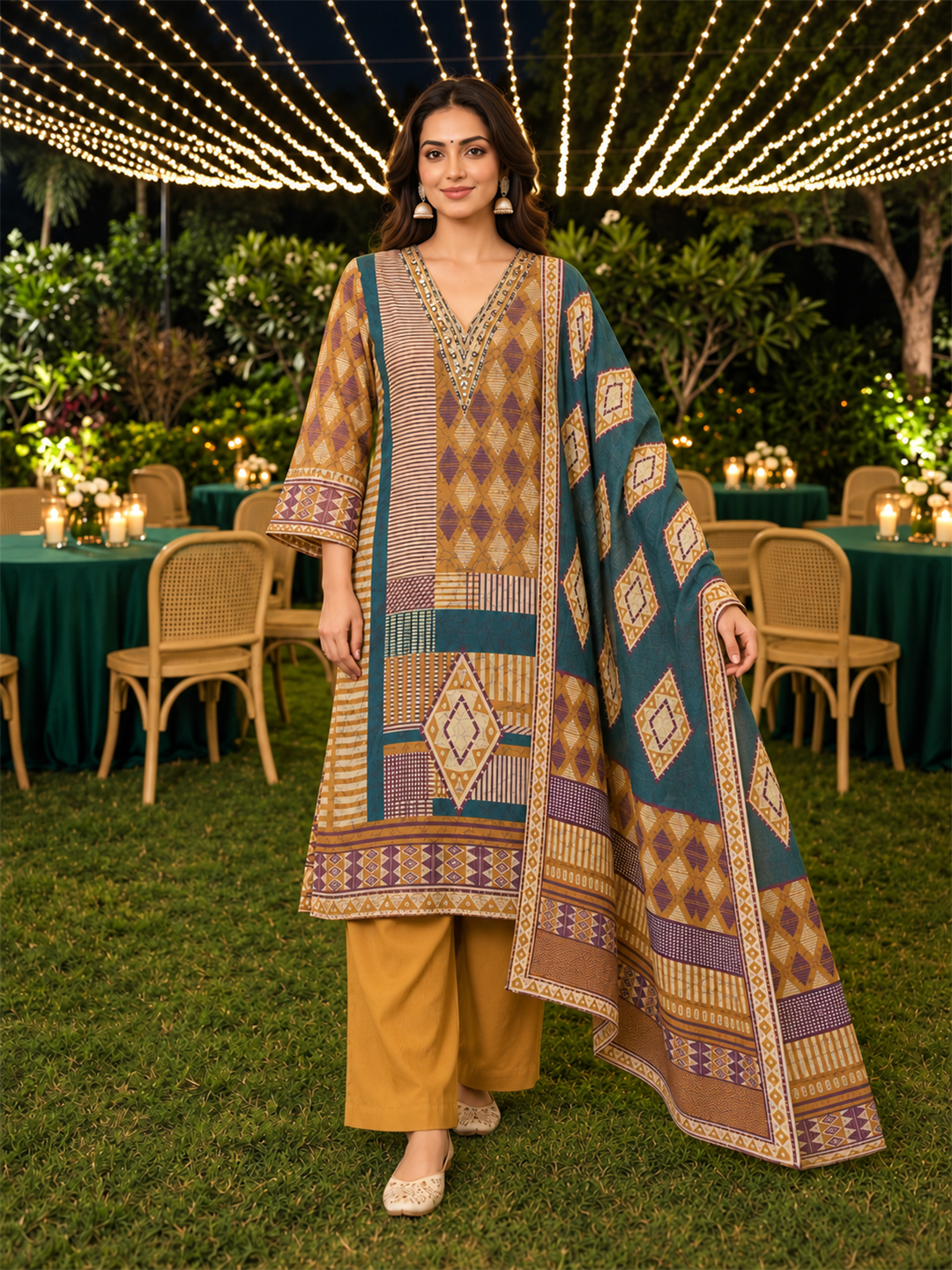 Mustard & Teal Green Geometric Printed Silk Blend Straight Kurta Trouser Set with Dupatta