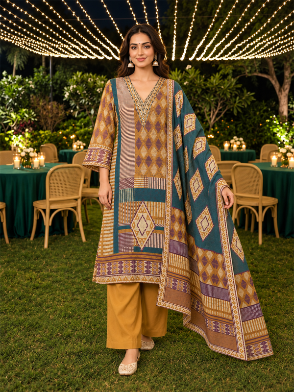 Mustard & Teal Green Geometric Printed Silk Blend Straight Kurta Trouser Set with Dupatta