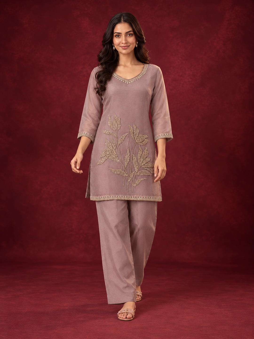 Dusty Mauve Mul Chanderi Floral Embroidered Straight Kurta Set