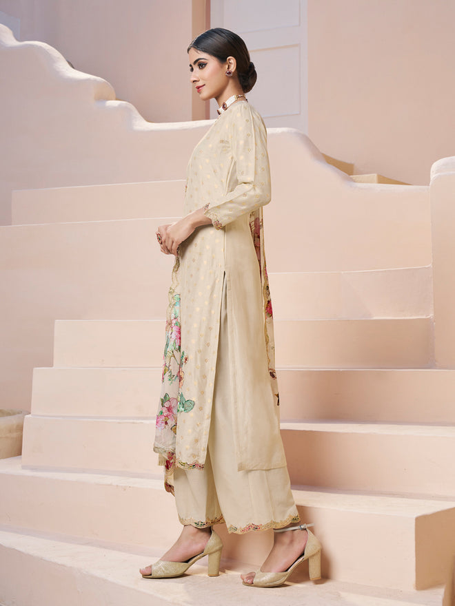 Cream Applique Jacquard Kurta Set with Floral Print Dupatta