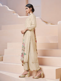 Cream Applique Jacquard Kurta Set with Floral Print Dupatta