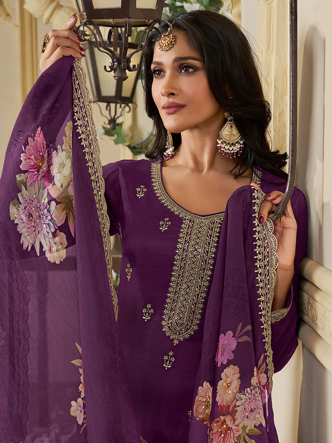 Purple Munga Silk Embroidered Top with Matching Trouser and Digital Print Dupatta