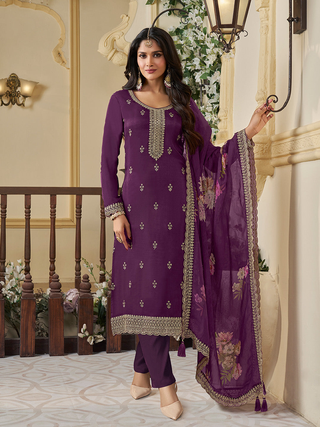 Purple Munga Silk Embroidered Top with Matching Trouser and Digital Print Dupatta