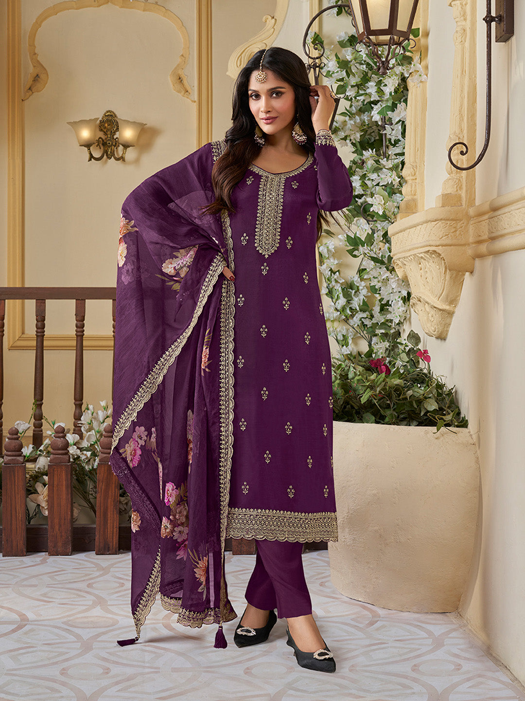 Purple Munga Silk Embroidered Top with Matching Trouser and Digital Print Dupatta